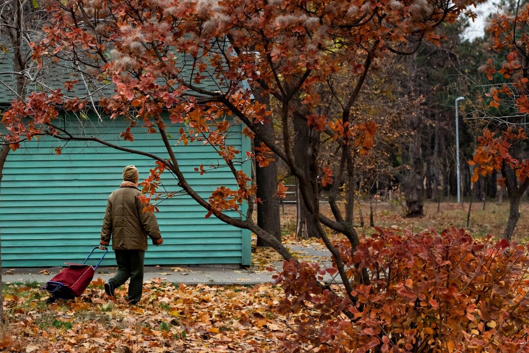 seniors walking in autumn park